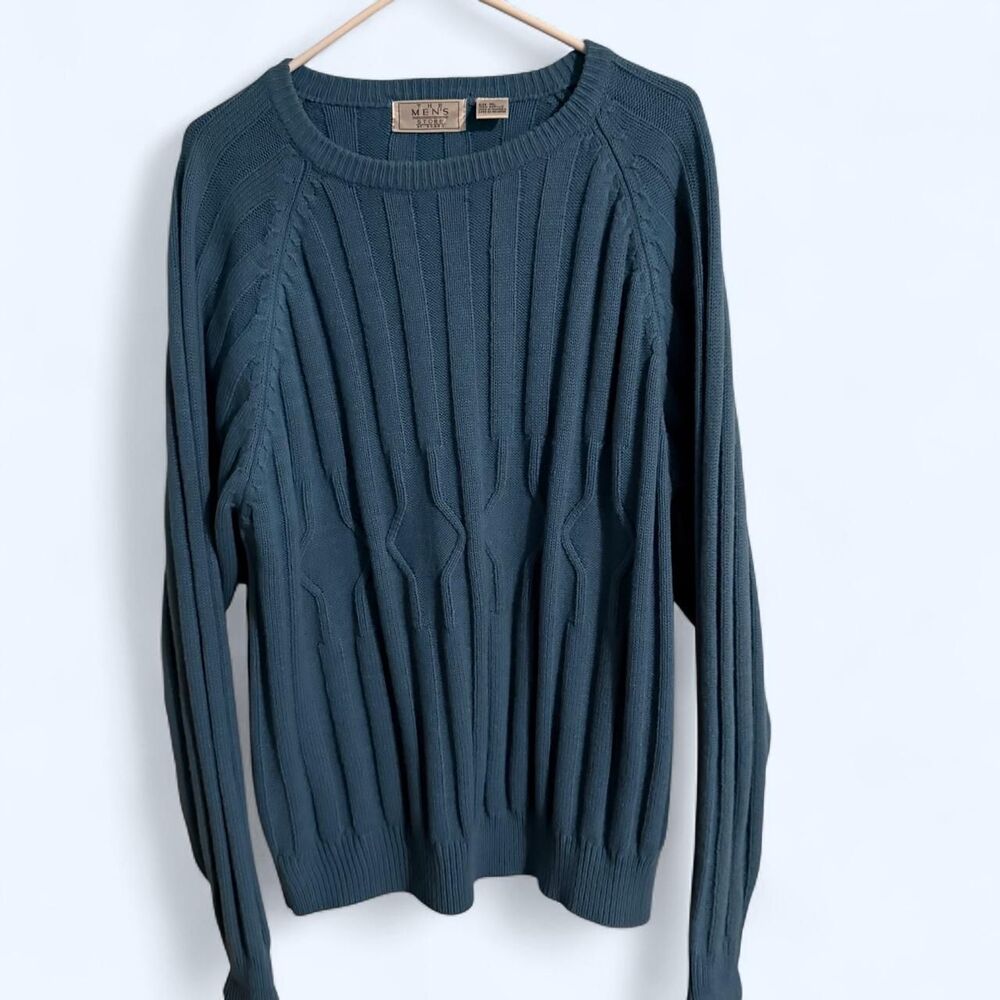 Vintage Sears Sweater Mens XL Slate Blue Ribbed Cable Knit Grandpacore Crewneck